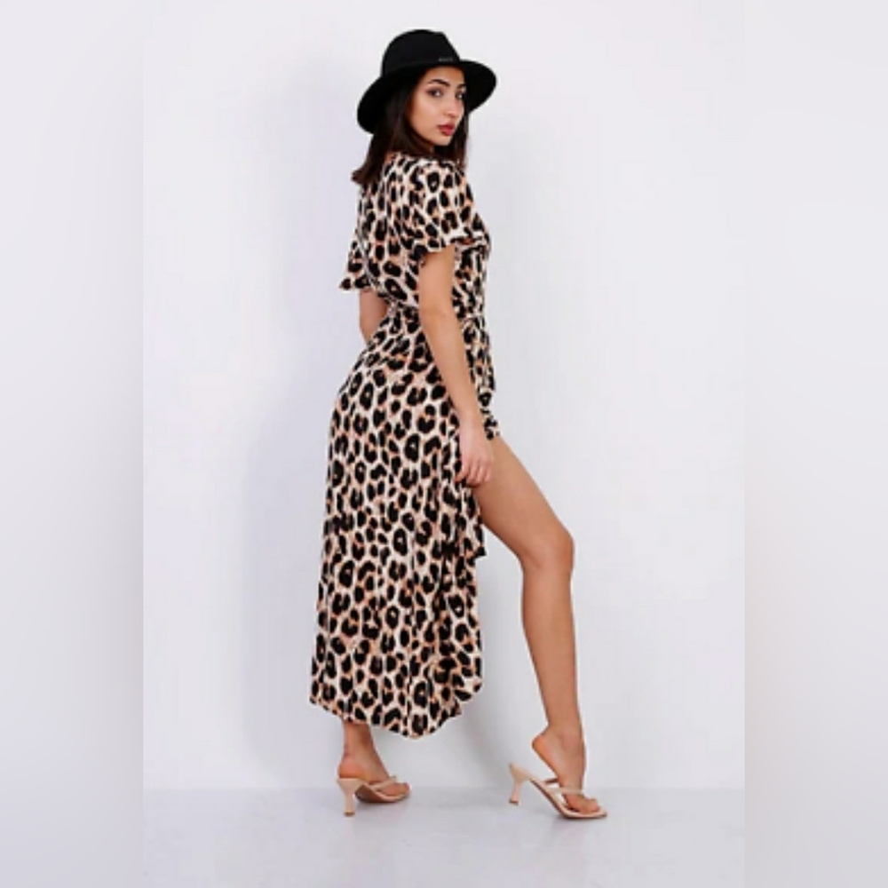 Leopard Print Split Front Maxi Dress Size Small 8-10 Tie Belt Animal Pri… - Picture 2 of 3